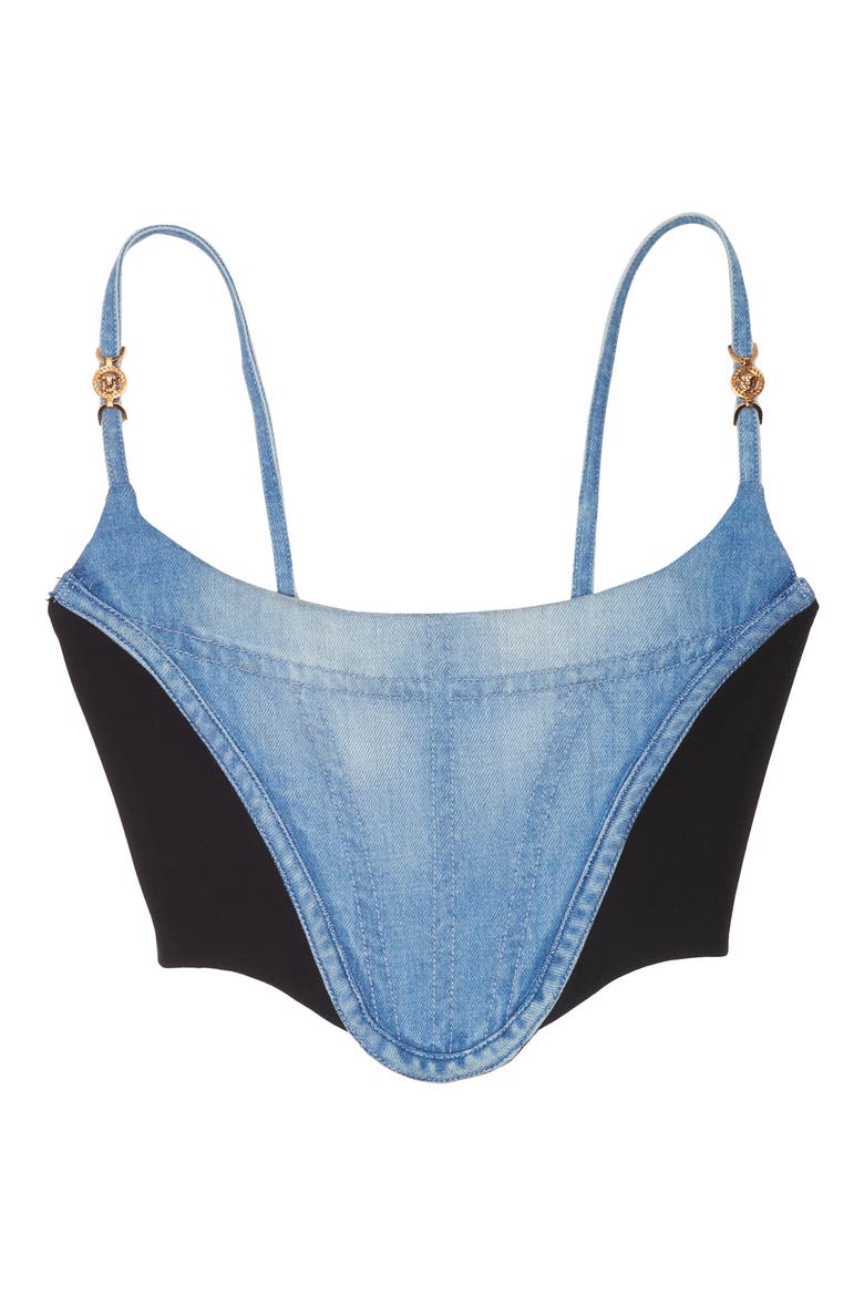 Medusa Embellished Denim Corset Top, Alternate, color, BLUE NERO