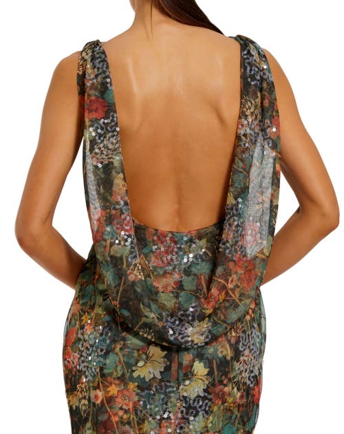 Mac Duggal High Neck Printed Mesh Cowl Back Column Gown In Multi