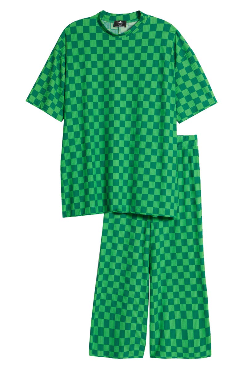 Dressed in Lala Lex Ribbed Oversize T-Shirt & High Waist Crop Pants Set, Alternate, color, Lucky Green Check