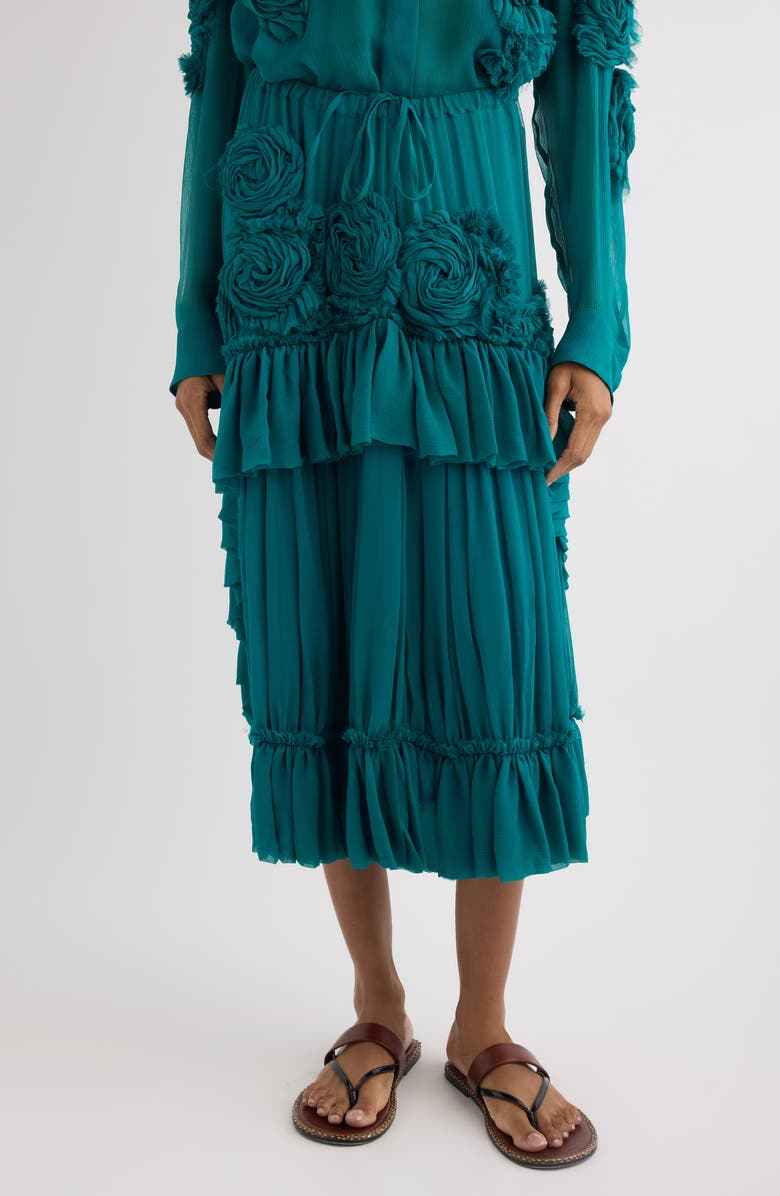 Dries Van Noten Sammy Bis Flower Appliqué Midi Skirt, Main, color, Petrol