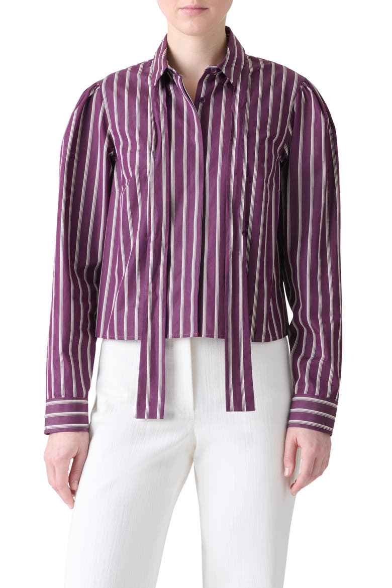 Stripe Tie Neck Cotton Poplin Button-Up Shirt, Main, color, BLACKBERRY