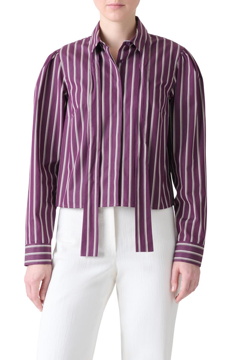 Akris punto Stripe Tie Neck Cotton Poplin Button-Up Shirt, Main, color, Blackberry