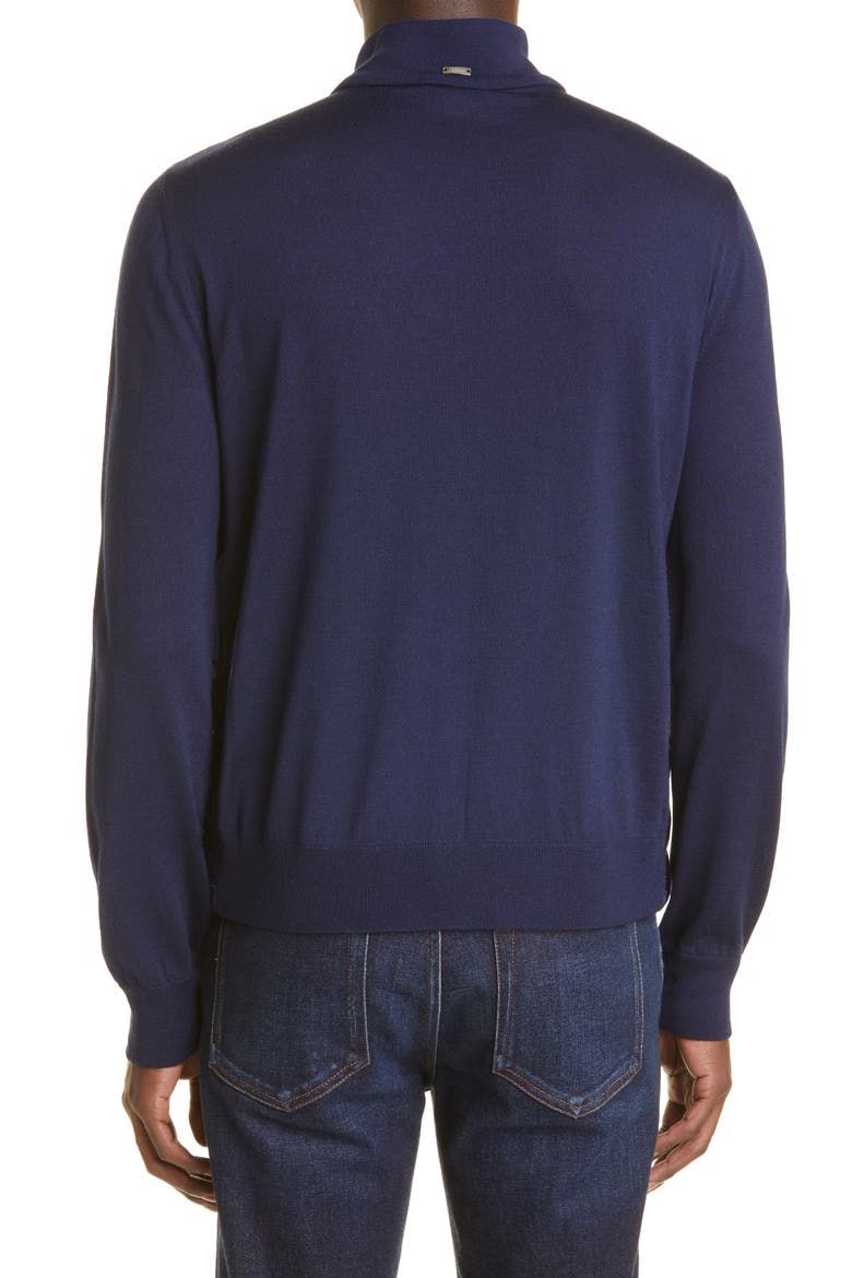 Quilted Down Front Wool & Silk Cardigan, Alternate, color, BLU NAVY