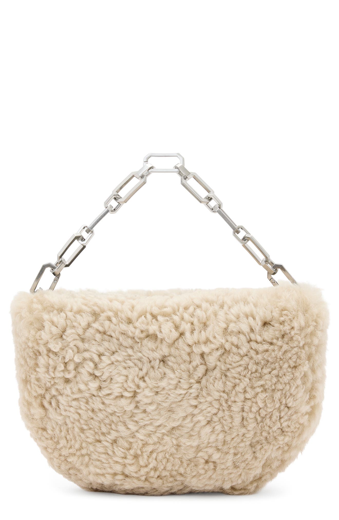 AllSaints Madea Mini Genuine Shearling Clutch Bag, Main, color, 