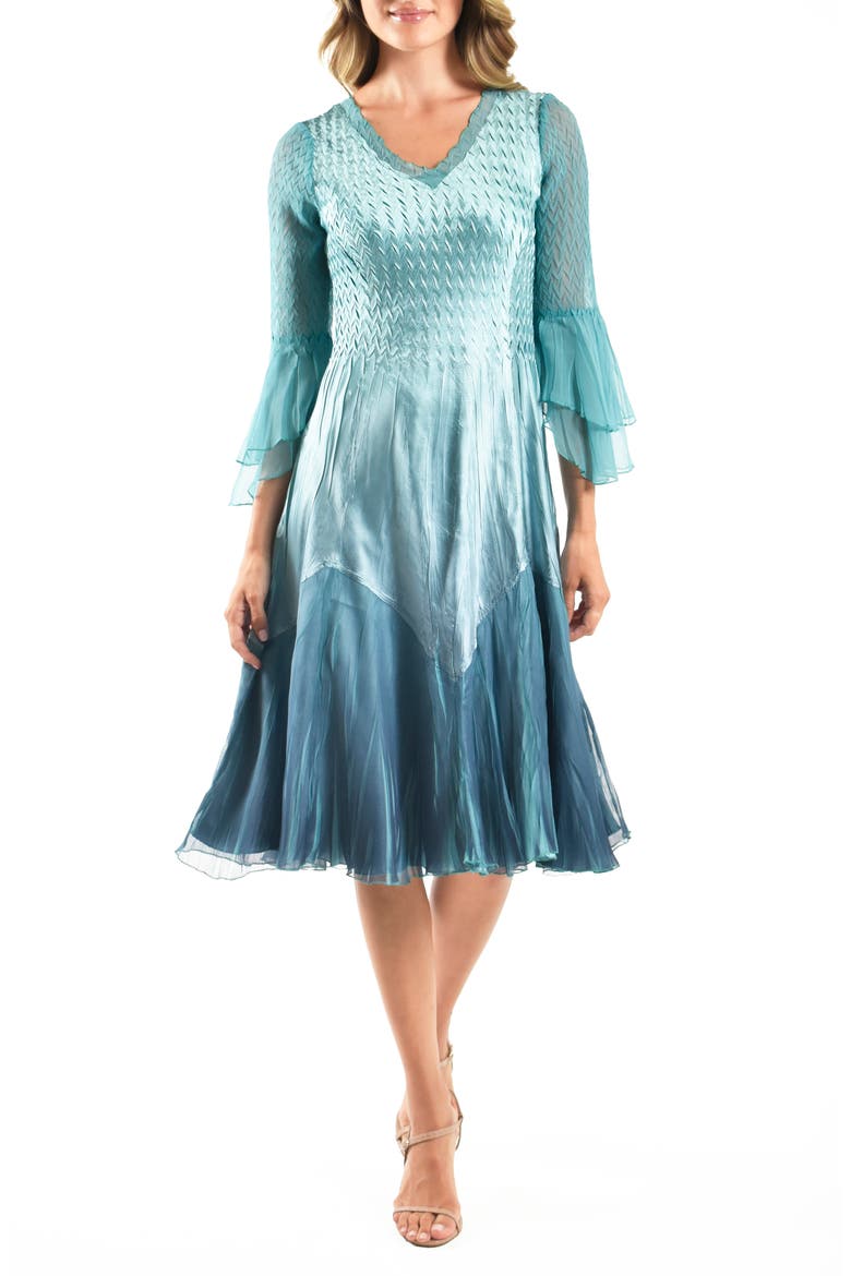 Bell Sleeve Charmeuse & Chiffon Cocktail Dress, Main, color, MARINE NIGHT OMBRE