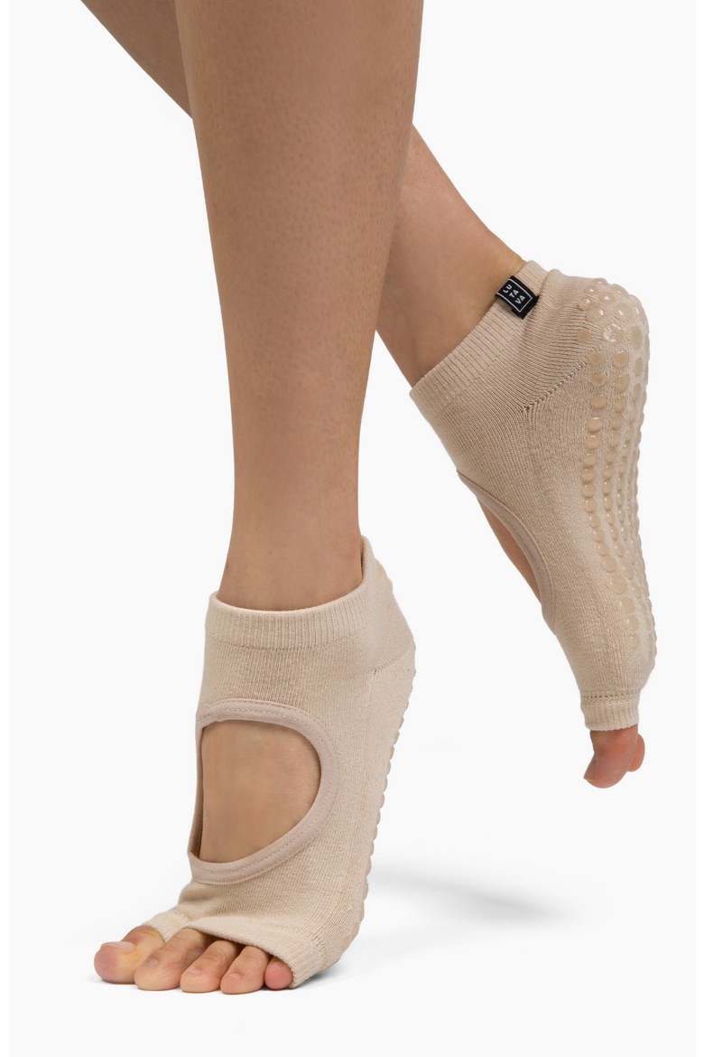 Antimicrobial Grip Sock- Tan Open Toe Ankle with Clear Grip, Alternate, color, Beige