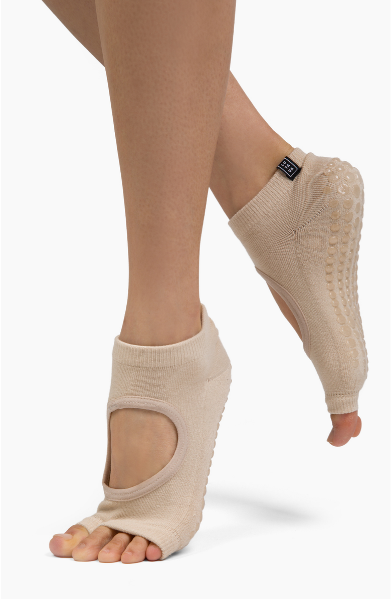 Lutava Antimicrobial Grip Sock- Tan Open Toe Ankle with Clear Grip - 2 Pack, Alternate, color, Beige