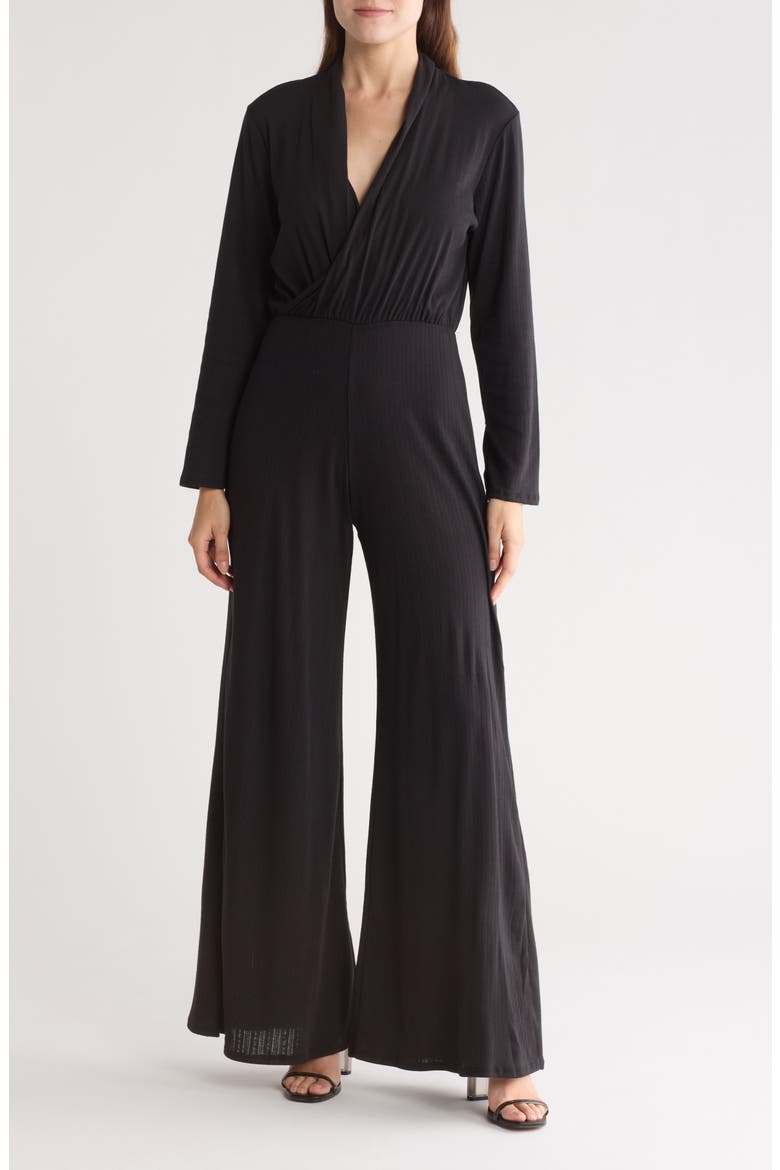 Surplice V-Neck Long Sleeve Jumpsuit, Main, color, BLACK