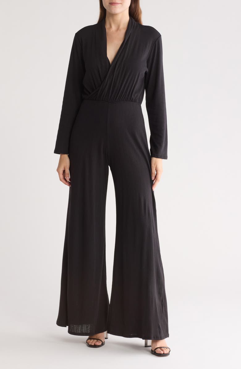 GO COUTURE Surplice V-Neck Long Sleeve Jumpsuit, Main, color, Black