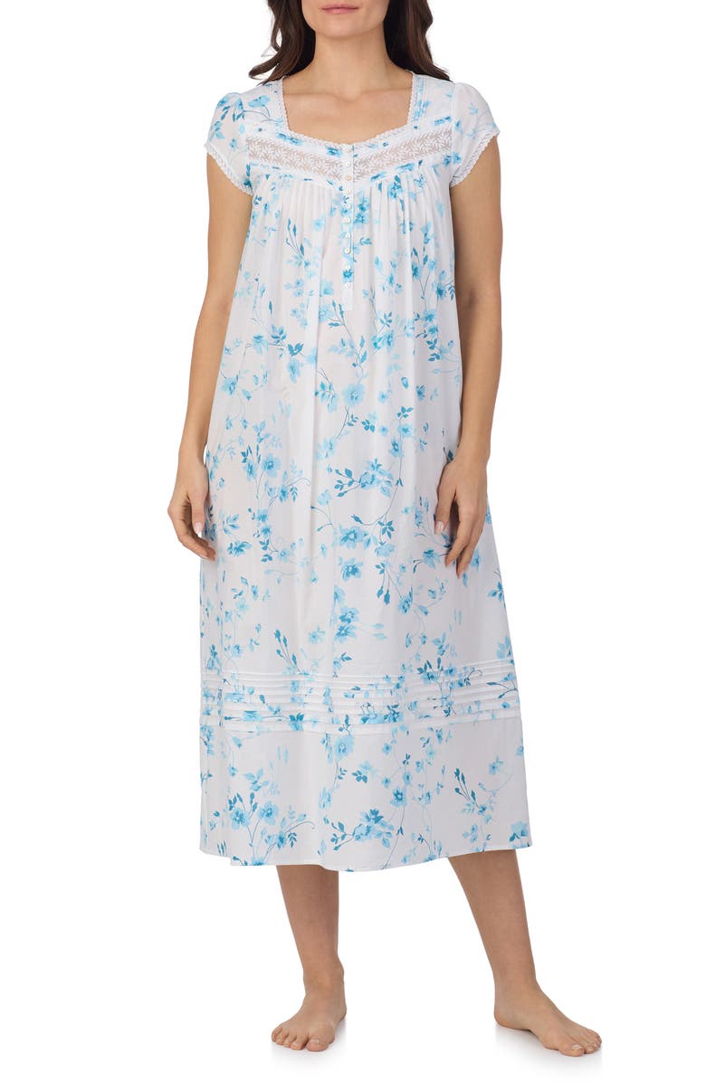 Eileen West Cap Sleeve Cotton Lawn Ballet Nightgown, Main, color, Aqua Floral White