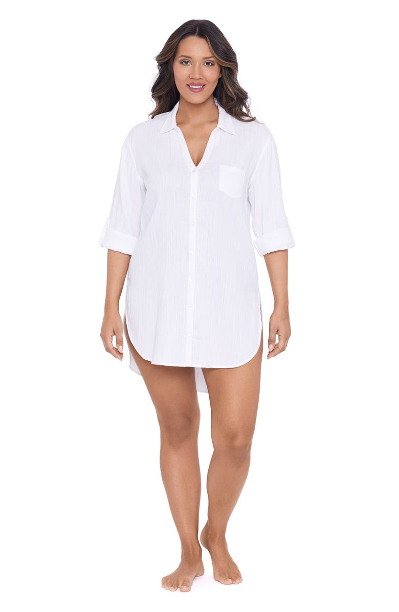 Trimshaper Button-Down High-Low Beach Shirt Coverup, Main, color, White