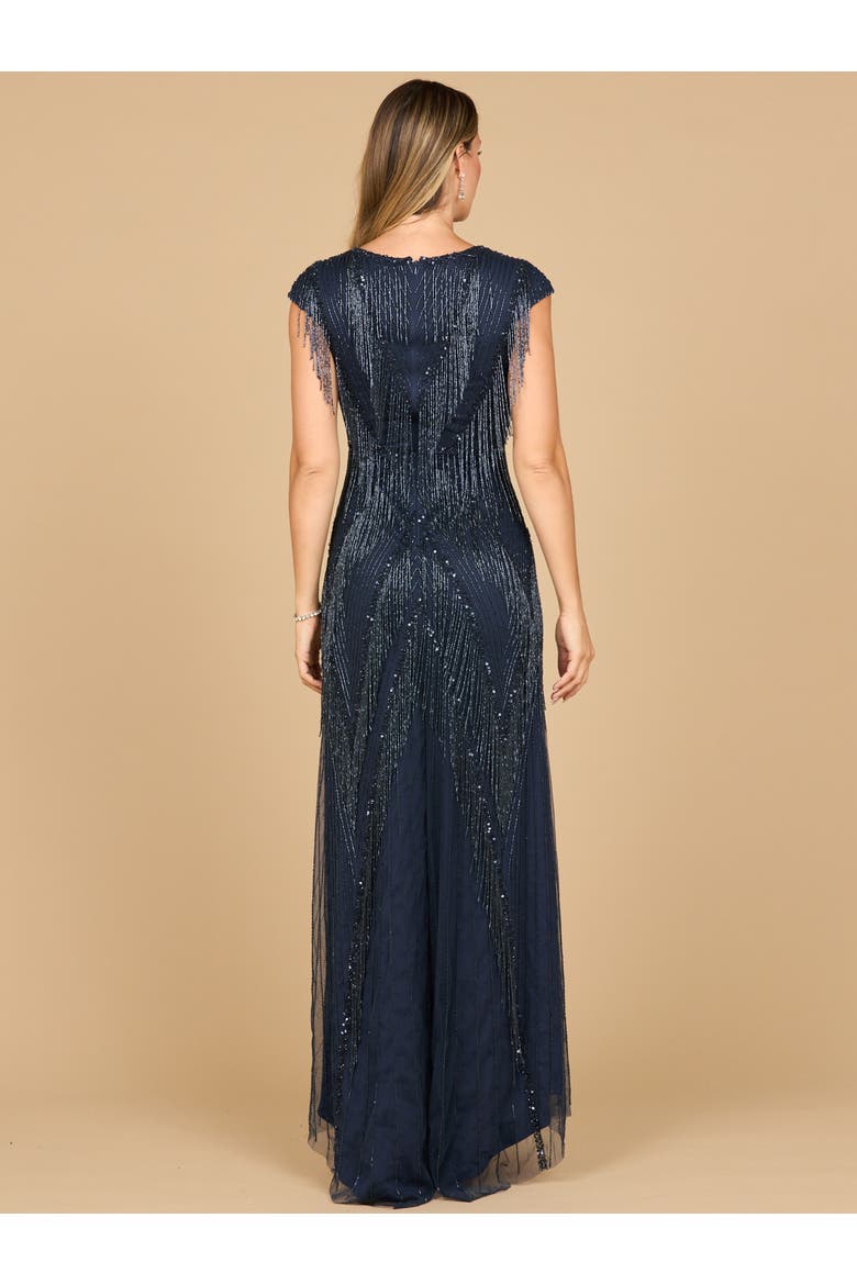 Beaded Fringe V-Neckline Dress with Cap Sleeves, Alternate, color, Navy