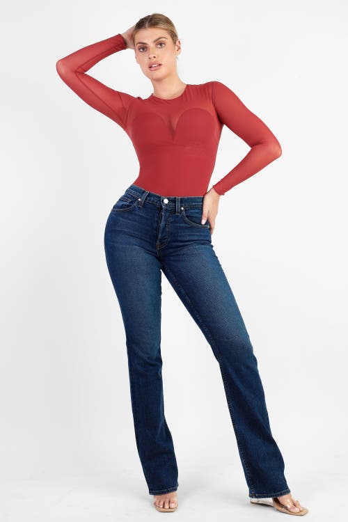 Popilush Shapewear Illusion Mesh Long Sleeve Tummy Control Bodysuit In Poppy Red