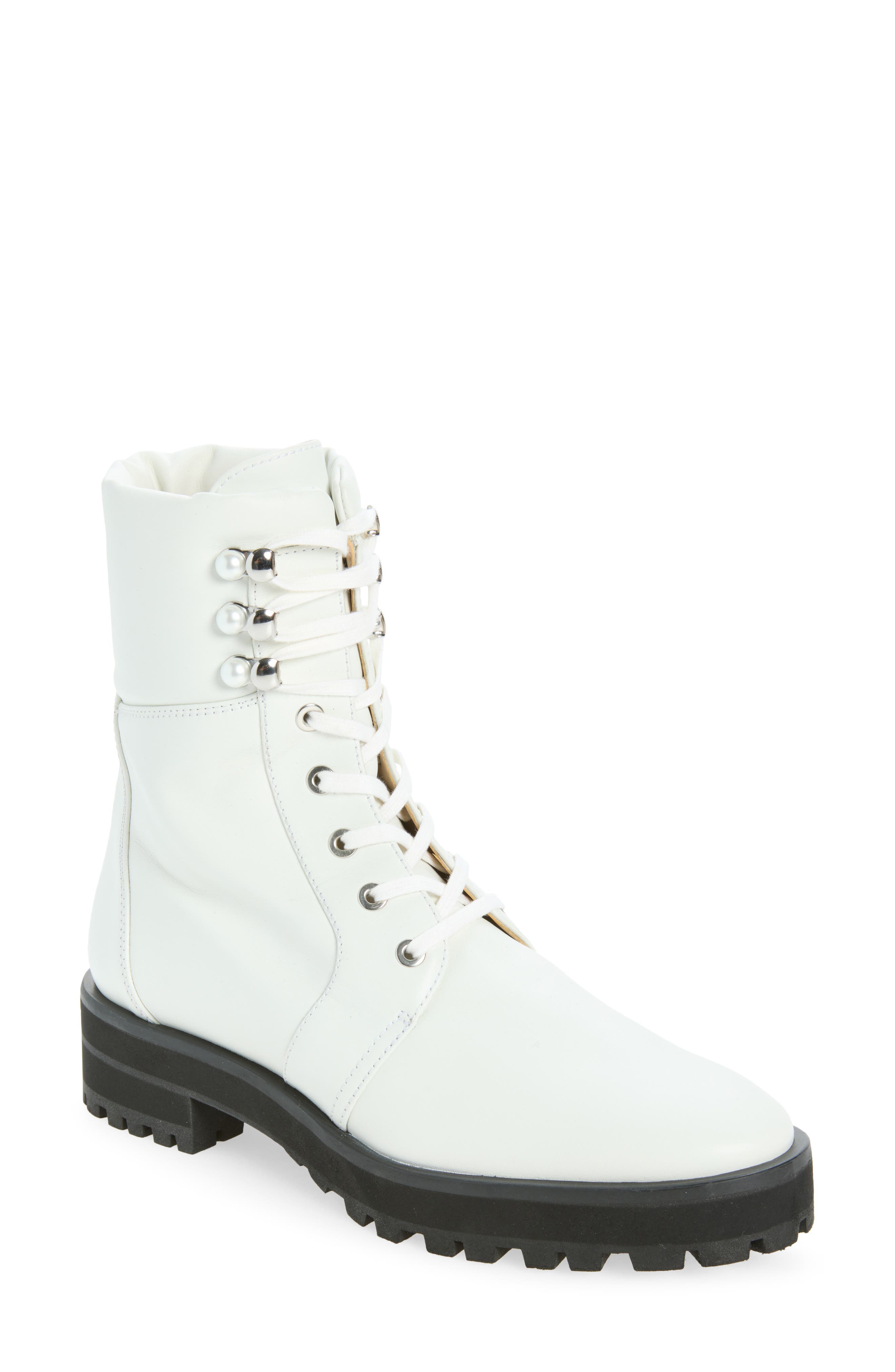 Pearly Lace-Up Leather Bootie
