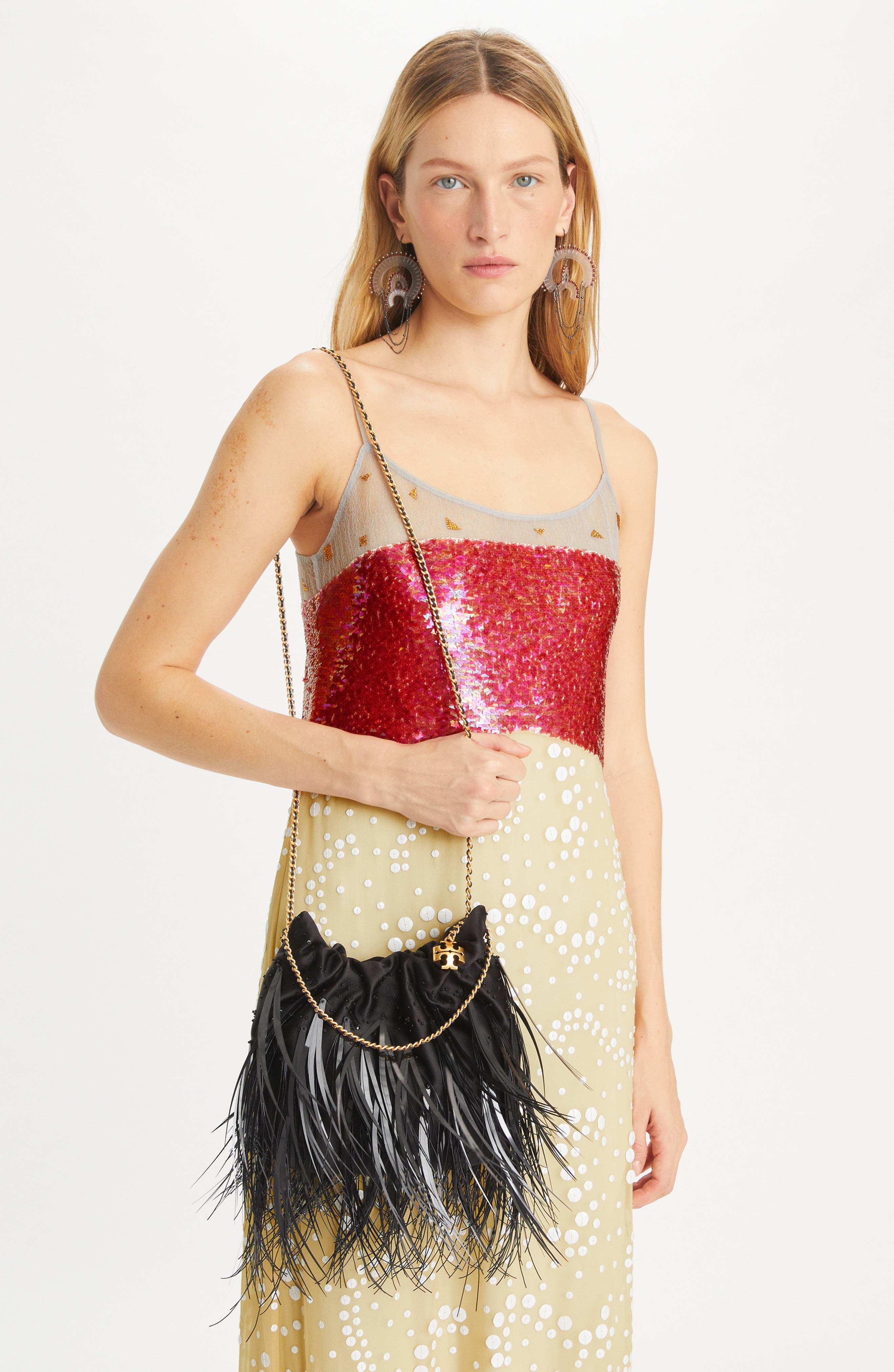 Tory Burch Mini Fleming Leather Feather Hobo Bag, Alternate, color, 