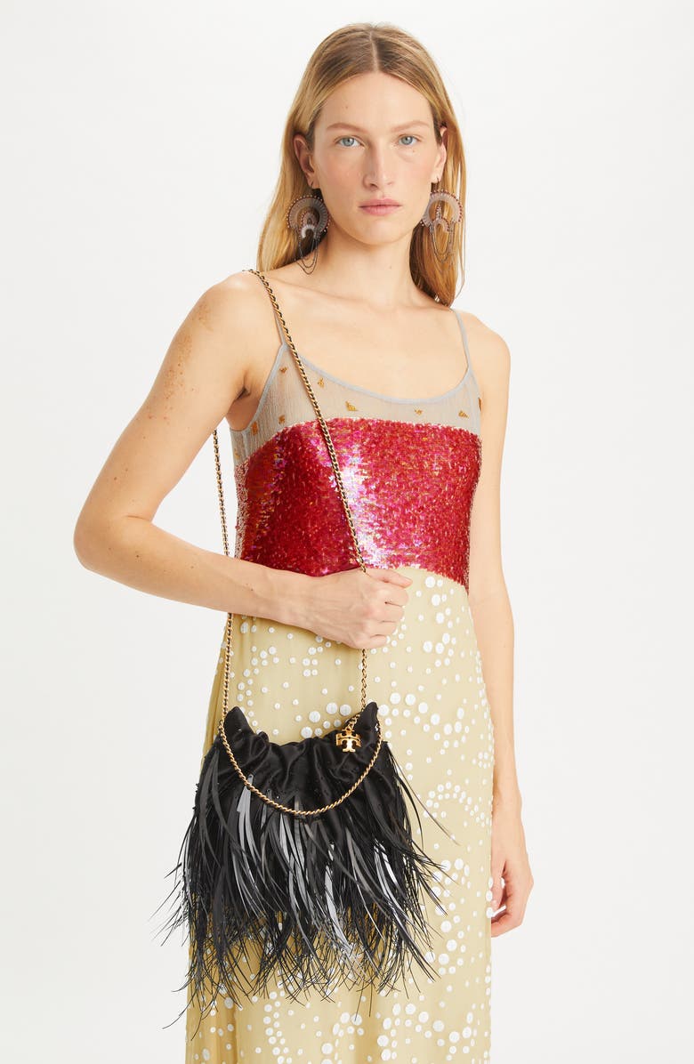 Tory Burch Mini Fleming Leather Feather Hobo Bag, Alternate, color,