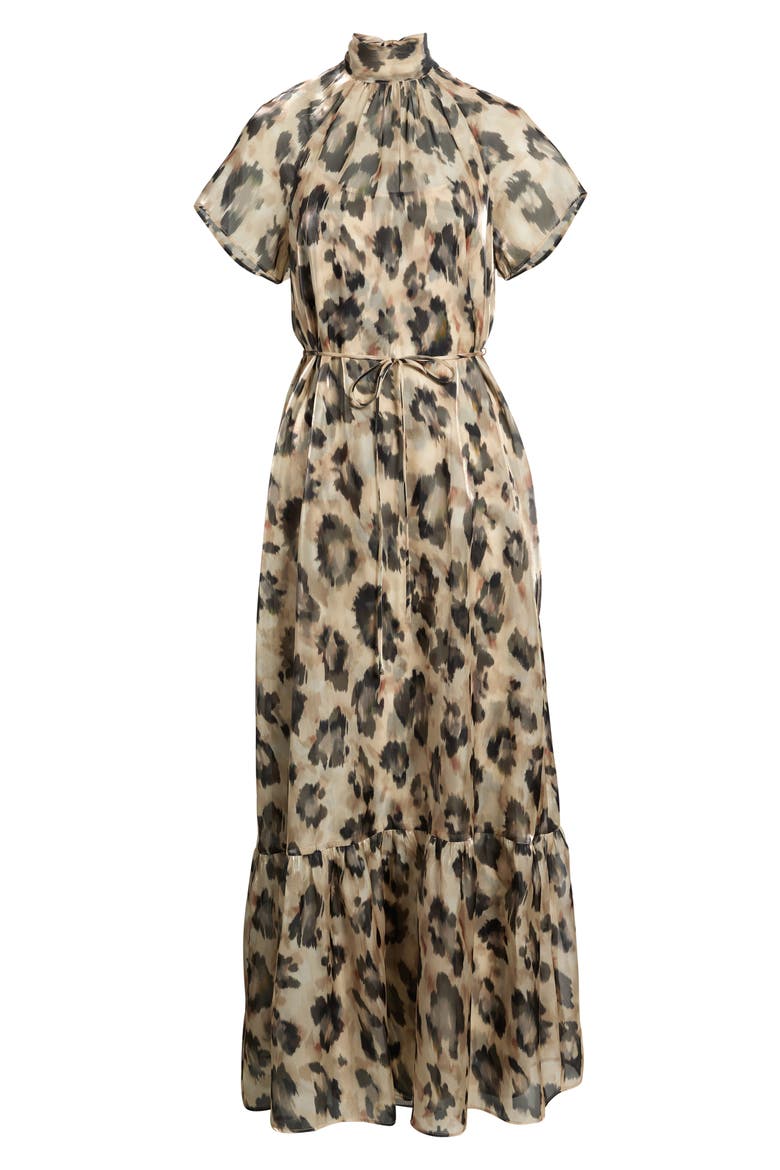 Print Tie Waist Organza Gown, Alternate, color, BLACK MULTI