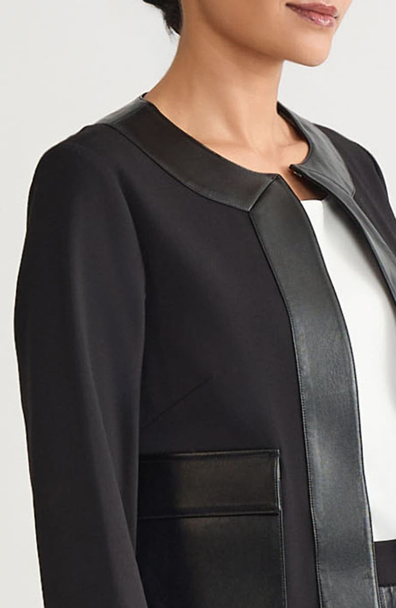 Ming Wang Faux Leather Trim Stretch Ponte Jacket, Alternate, color, Black