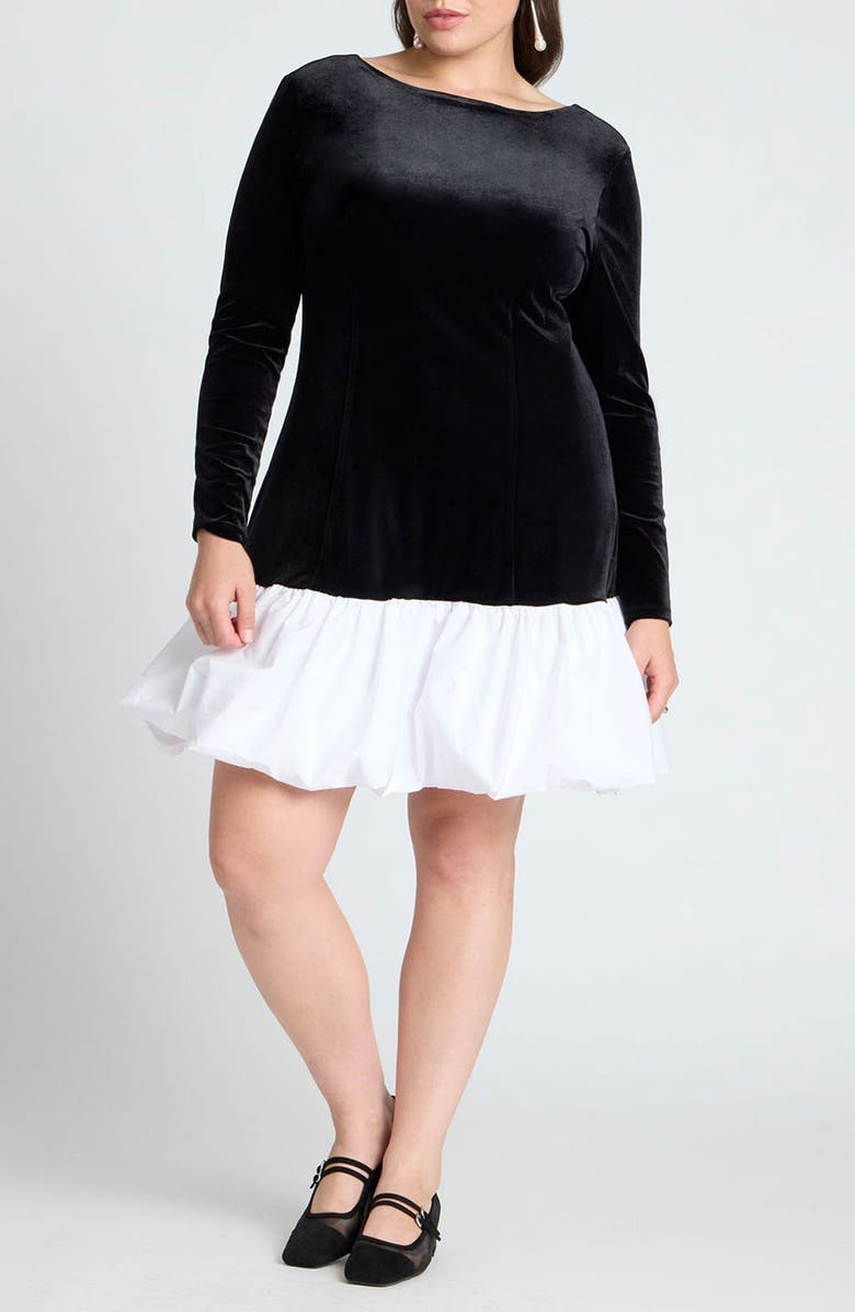 ELOQUII Long Sleeve Velvet Bubble Hem Minidress, Main, color,