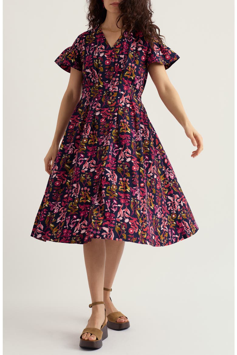 Kerthen Woods Floral Organic Cotton Button-Up Midi Dress, Main, color, INKY BOTANICAL MARITIME