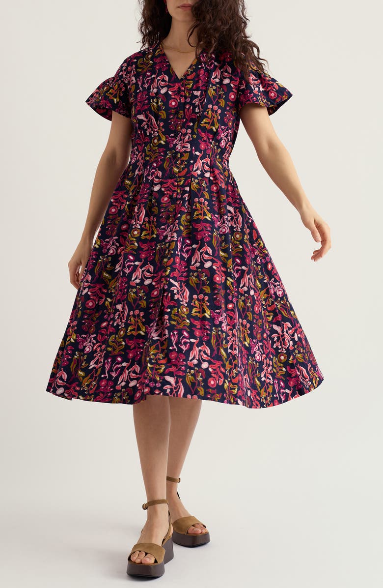 Seasalt Cornwall Kerthen Woods Floral Organic Cotton Button-Up Midi Dress, Main, color, Inky Botanical Maritime