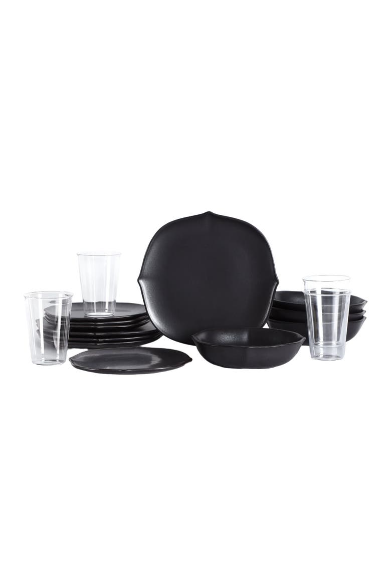 Baskerville Stoneware 16-Piece Dinnerware Set, Includes Glassware, Main, color, Black
