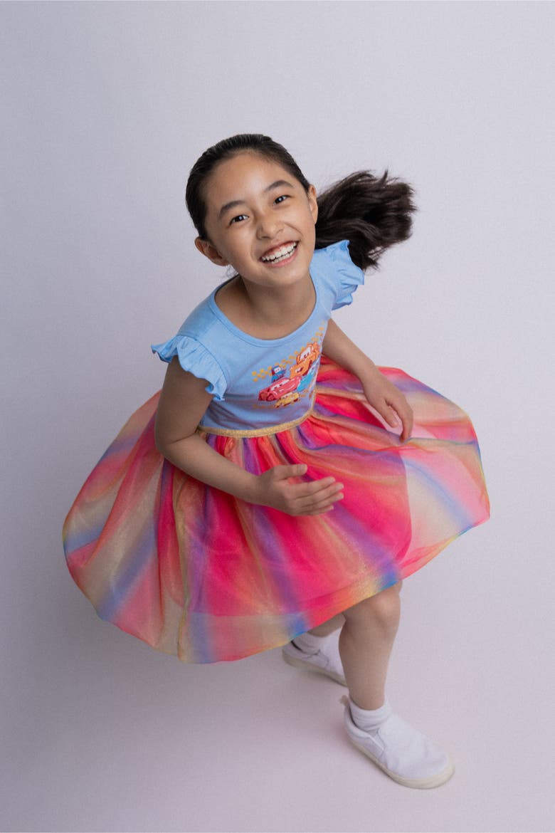 Cars Flutter Sleeve Tulle Tutu Dress, Alternate, color, Blue Cars Rainbow