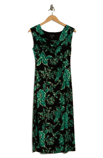Connected Apparel Cowl Neck Floral Midi Sheath Dress In Green