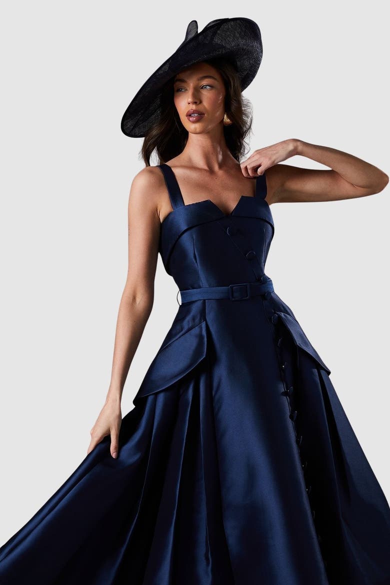 Lisa Twill Volume Belted Midi Dress, Alternate, color, Navy