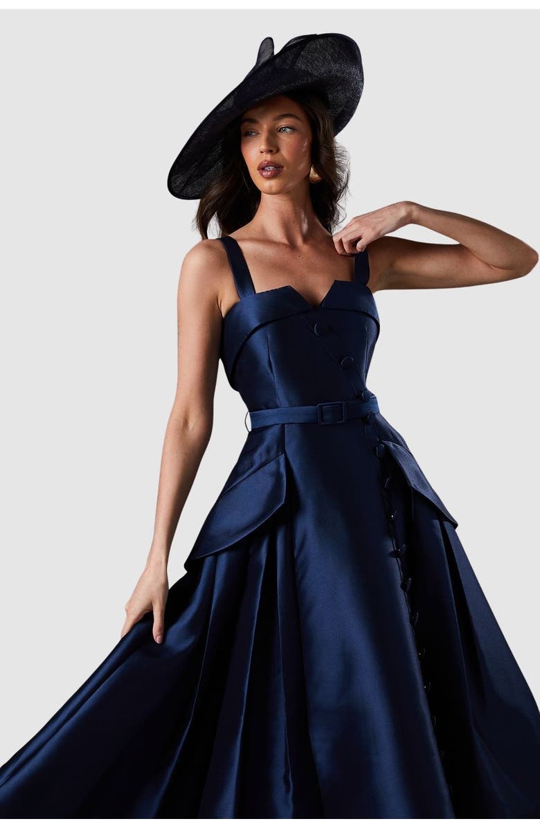 Coast Lisa Tan Twill Volume Belted Midi Dress, Alternate, color, Navy