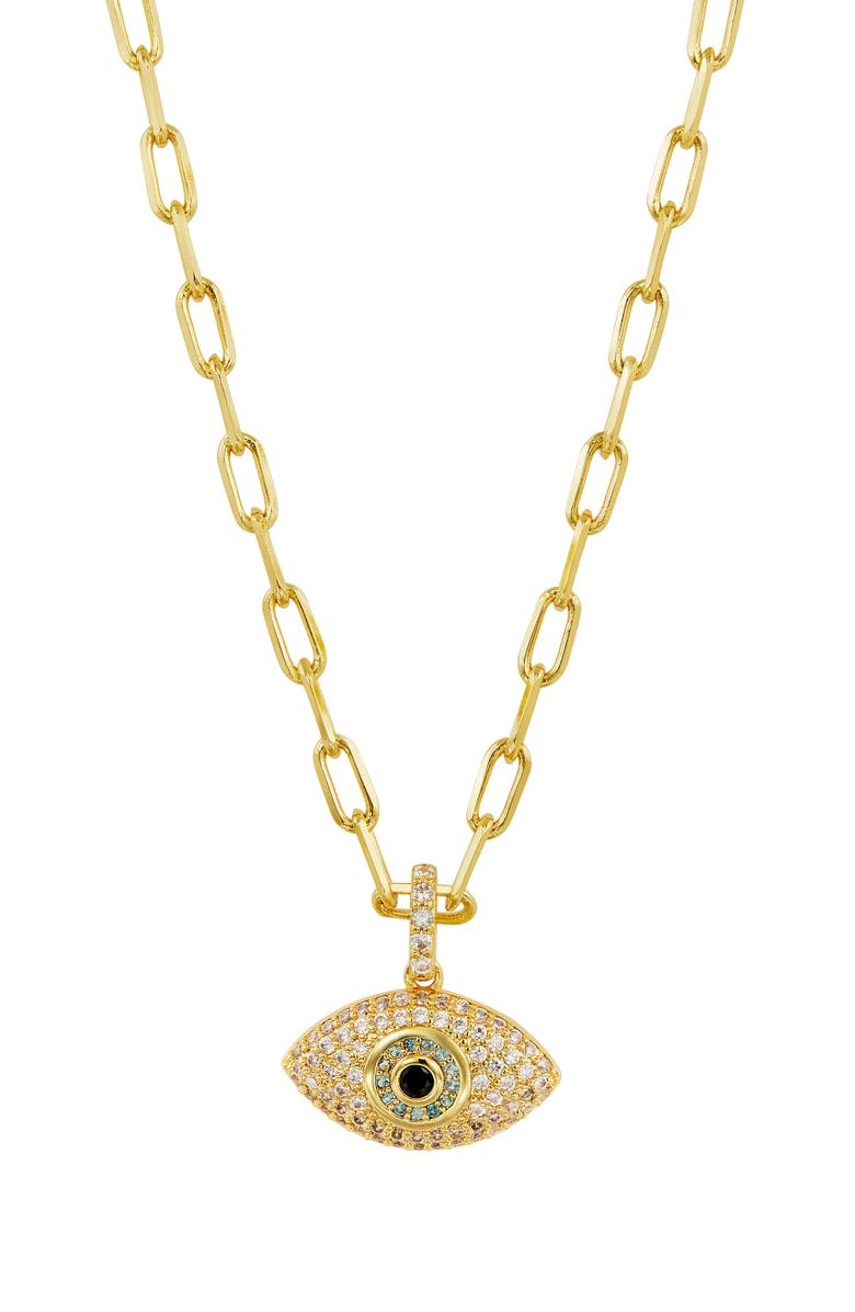 SAVVY CIE JEWELS Evil Eye Pavé Pendant Necklace, Main, color, Yellow