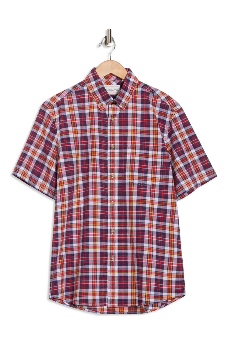 Madras Short Sleeve Button-Down Shirt, Alternate, color, NAVY MIX