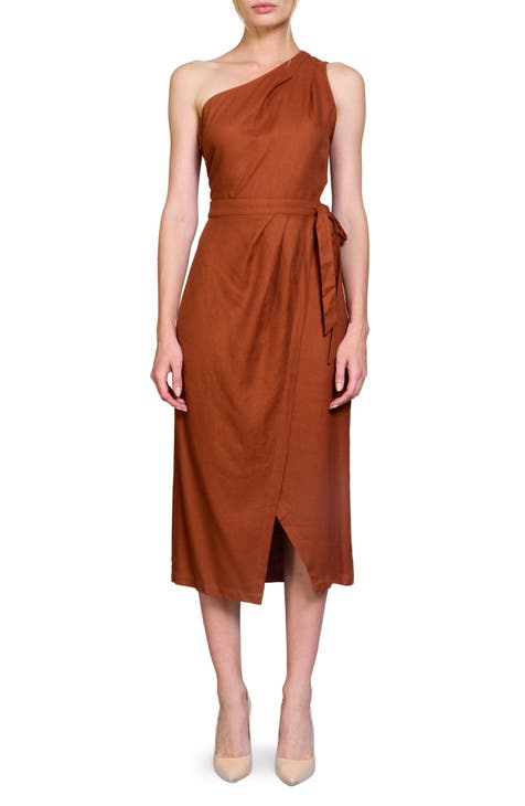 One Shoulder Faux Wrap Midi Dress