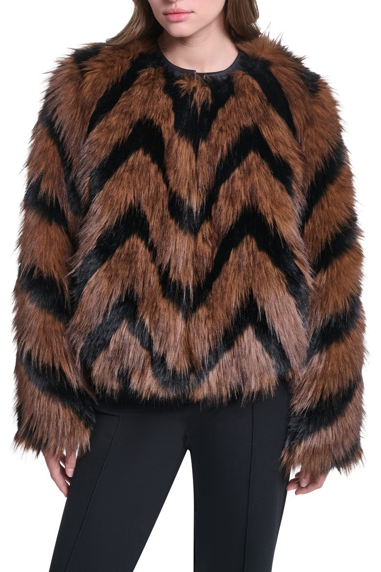 Zigzag Faux Fur Jacket, Main, color, BLACK/ BROWN