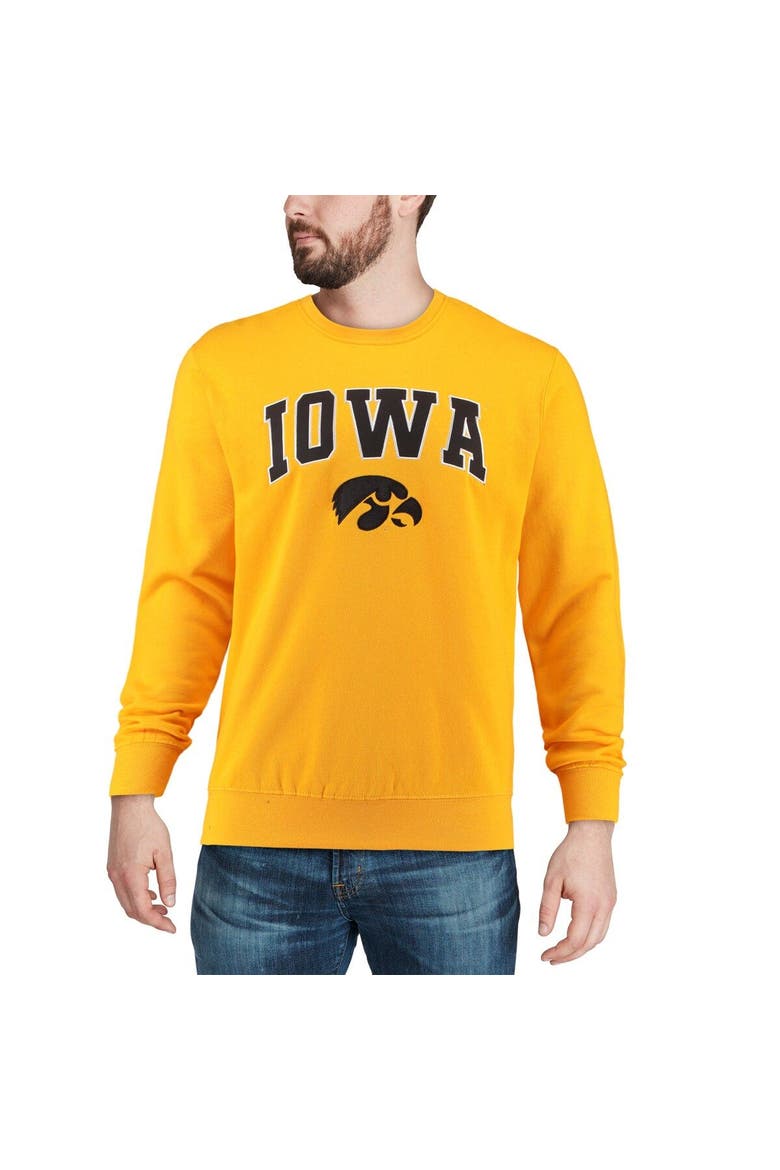 Men's Colosseum Gold Iowa Hawkeyes Arch & Logo Crew Neck Sweatshirt, Alternate, color, Gold