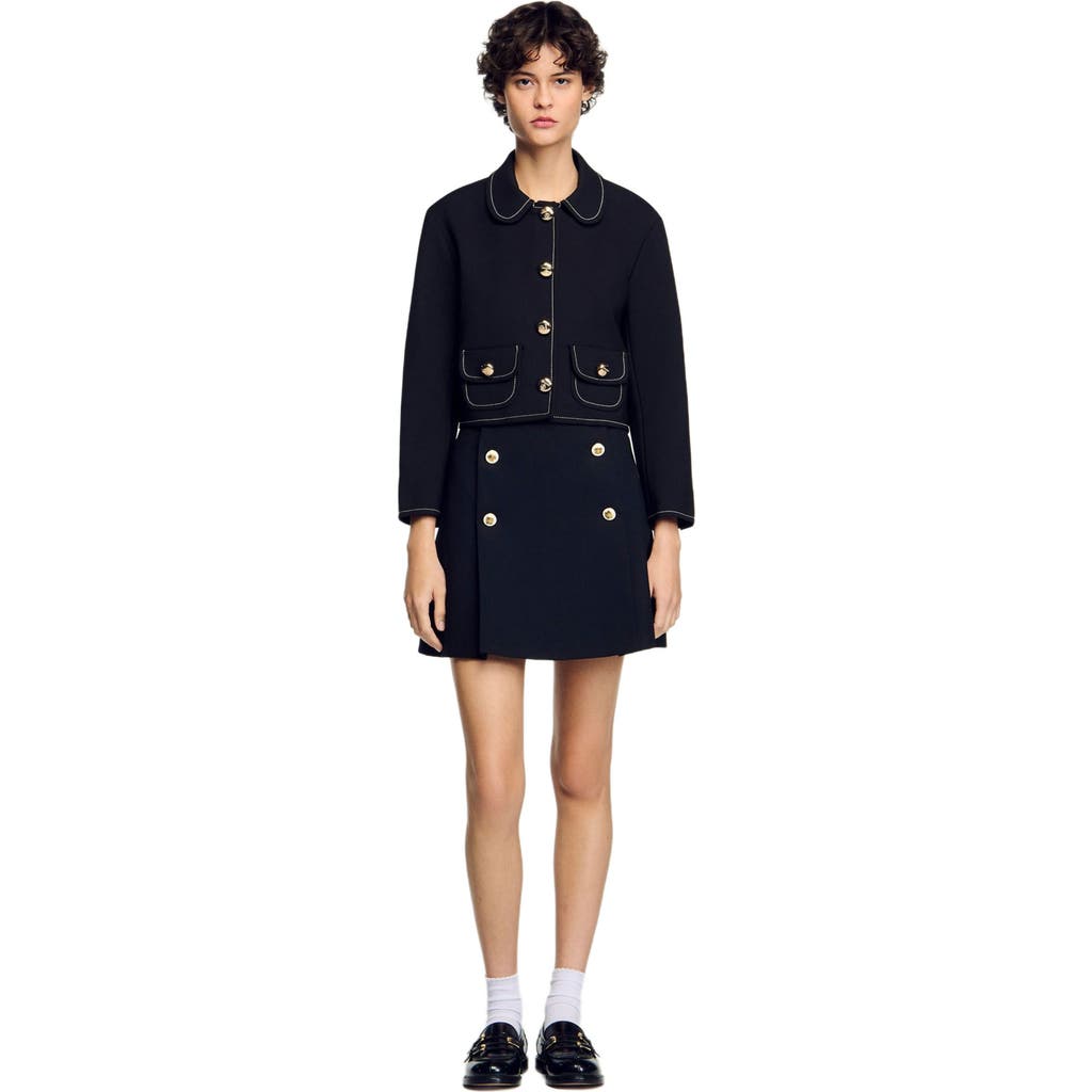 Shop Sandro Peter Pan Collar Cropped Jacket In Black