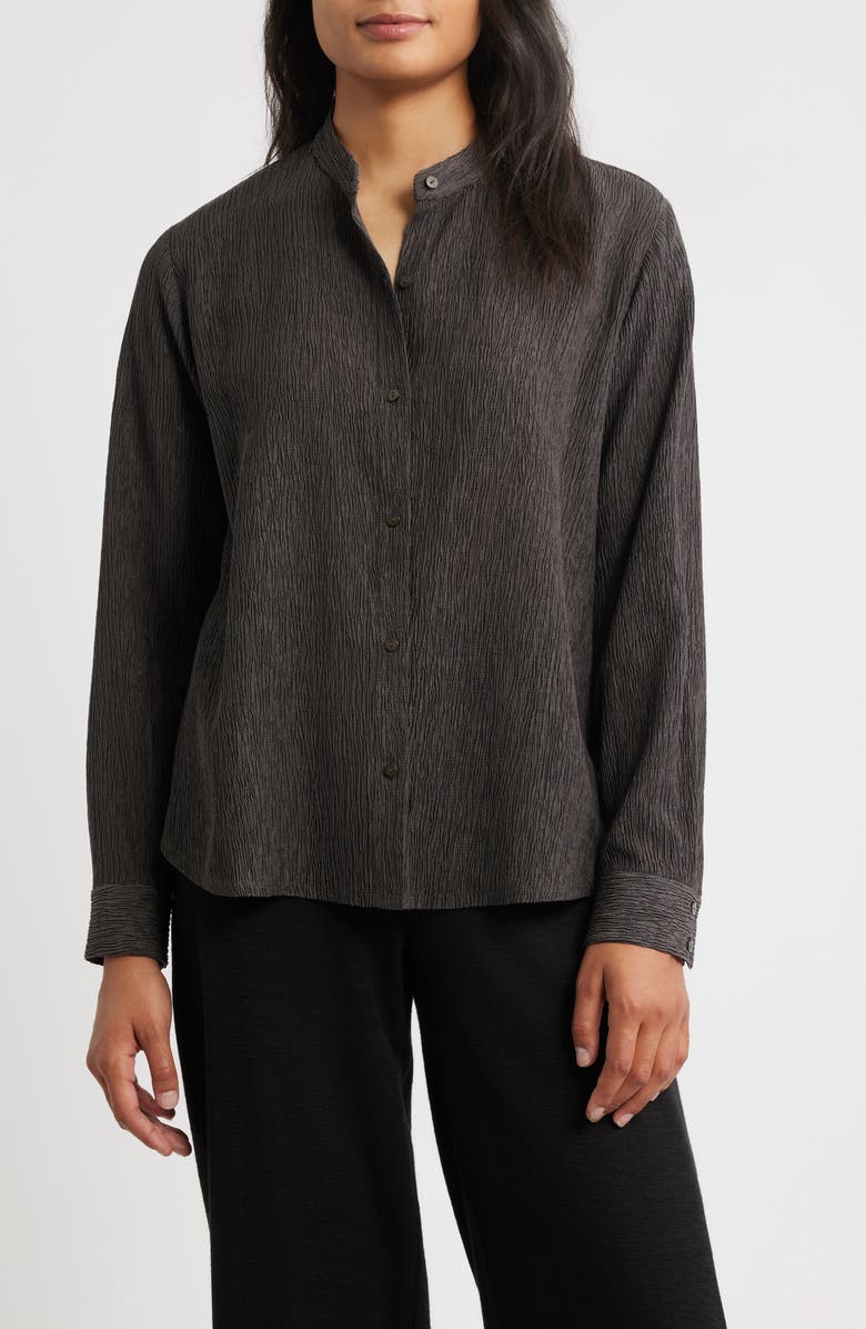 Eileen Fisher Crinkled Mandarin Collar Button-Up Shirt, Main, color, Rye