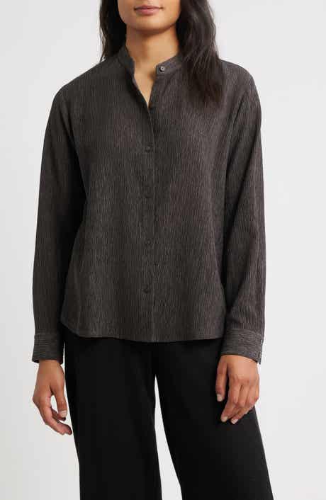 Eileen Fisher Crinkled Mandarin Collar Button-Up Shirt
