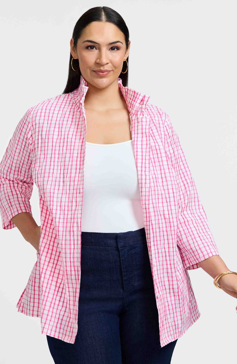 Foxcroft Carolina Crinkled Gingham Cotton Blend Shirt Jacket, Alternate, color, White/ Bombshell