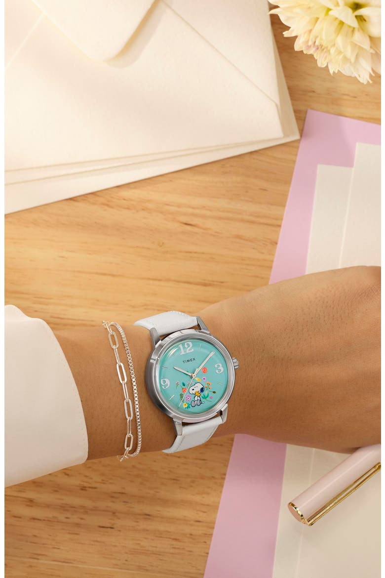 Peanuts® x Timex Marlin® Flower Dial 38mm Leather Strap Watch, Alternate, color, SILVER-TONE
