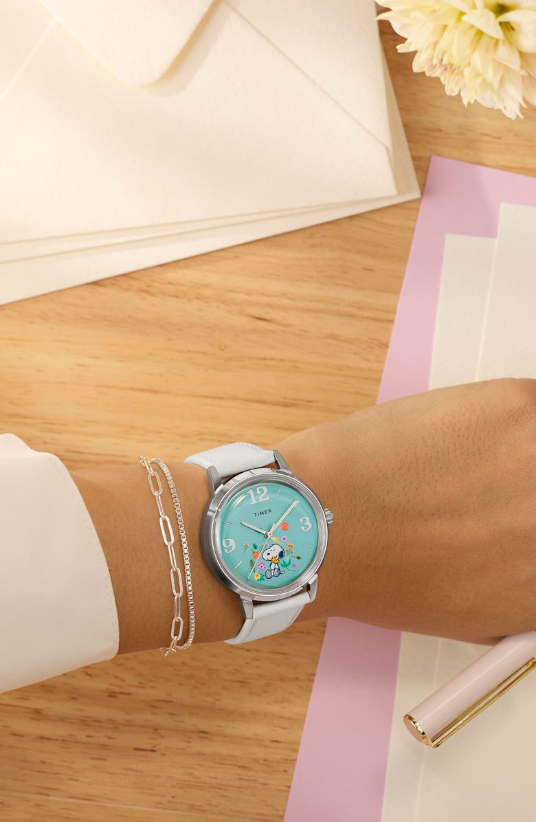 Timex<sup>®</sup> Peanuts<sup>®</sup> x Timex Marlin<sup>®</sup> Flower Dial 38mm Leather Strap Watch, Alternate, color, Blue/ Silver-Tone