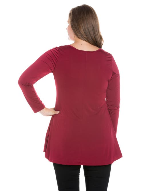 24seven Comfort Apparel Plus Size Flared Long Sleeve Henley Tunic Top In Burgundy