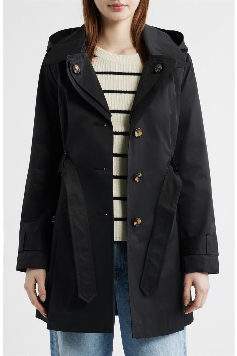 Double Breasted Hooded Trench Coat, Alternate, color, BLACK
