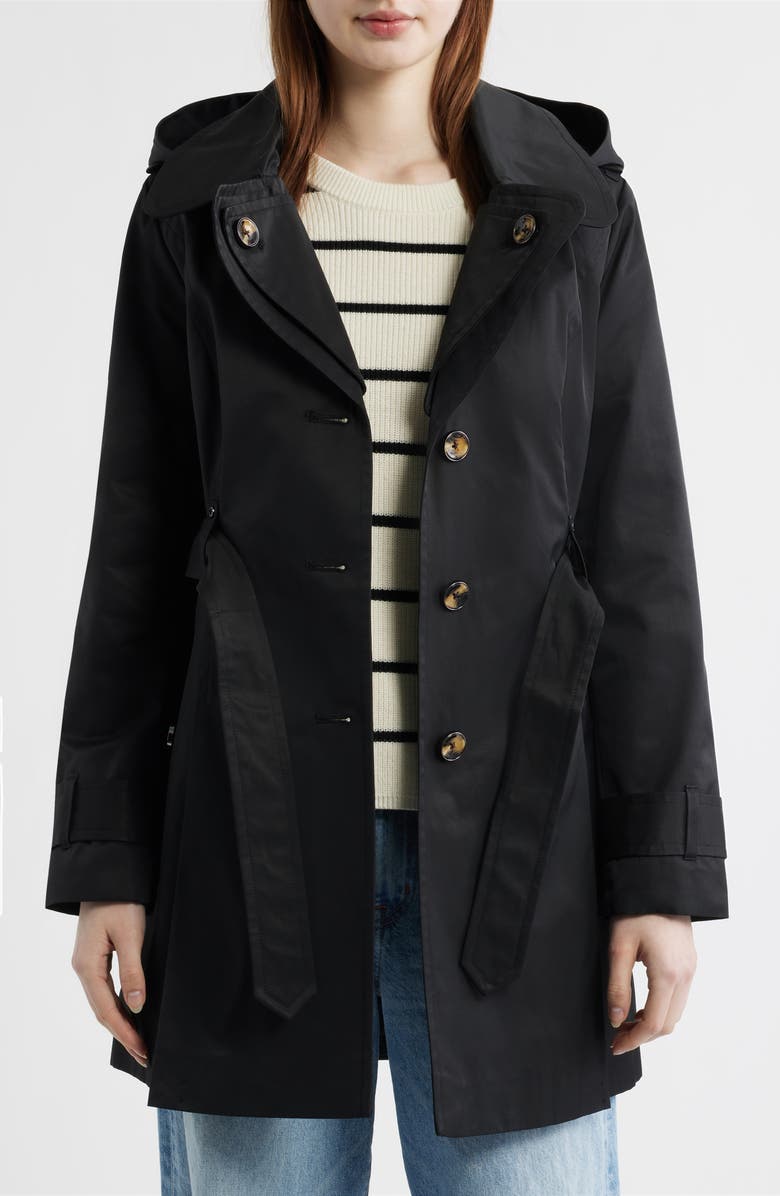 London Fog Double Breasted Hooded Trench Coat, Alternate, color, Black