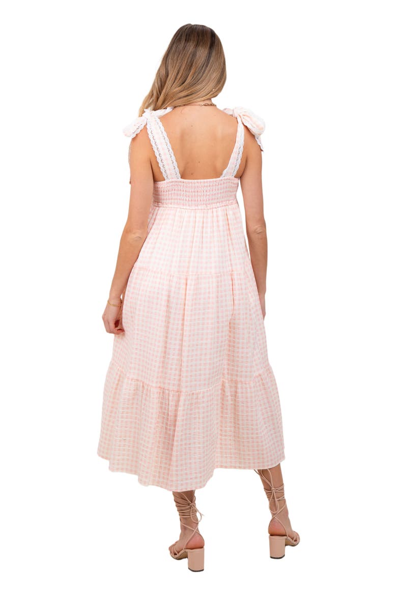 Gingham Lace Trim Shoulder Tie Maxi Dress, Alternate, color, Light Pink