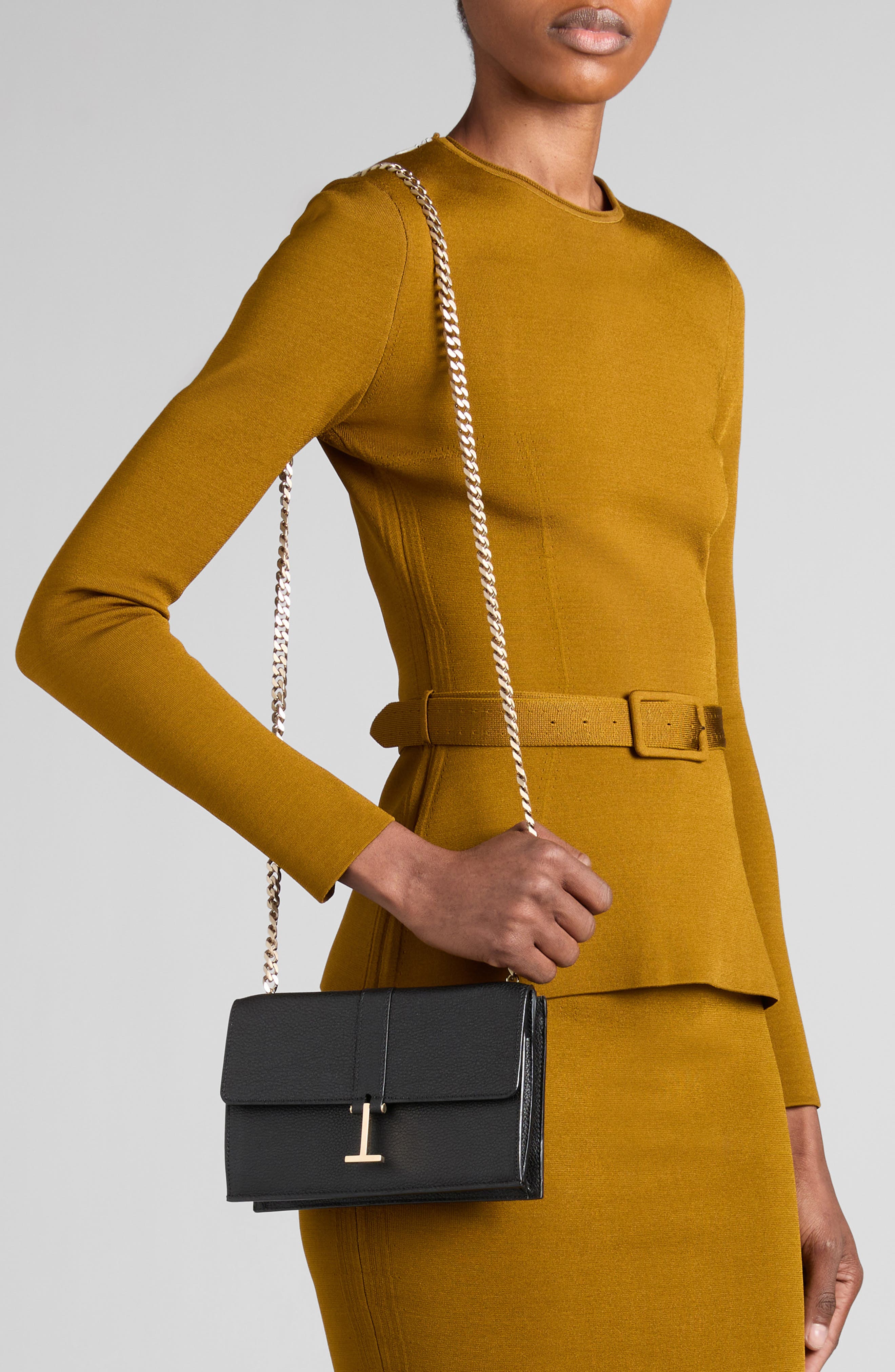 Mini Kara Grain Leather Shoulder Bag, Alternate, color, BLACK