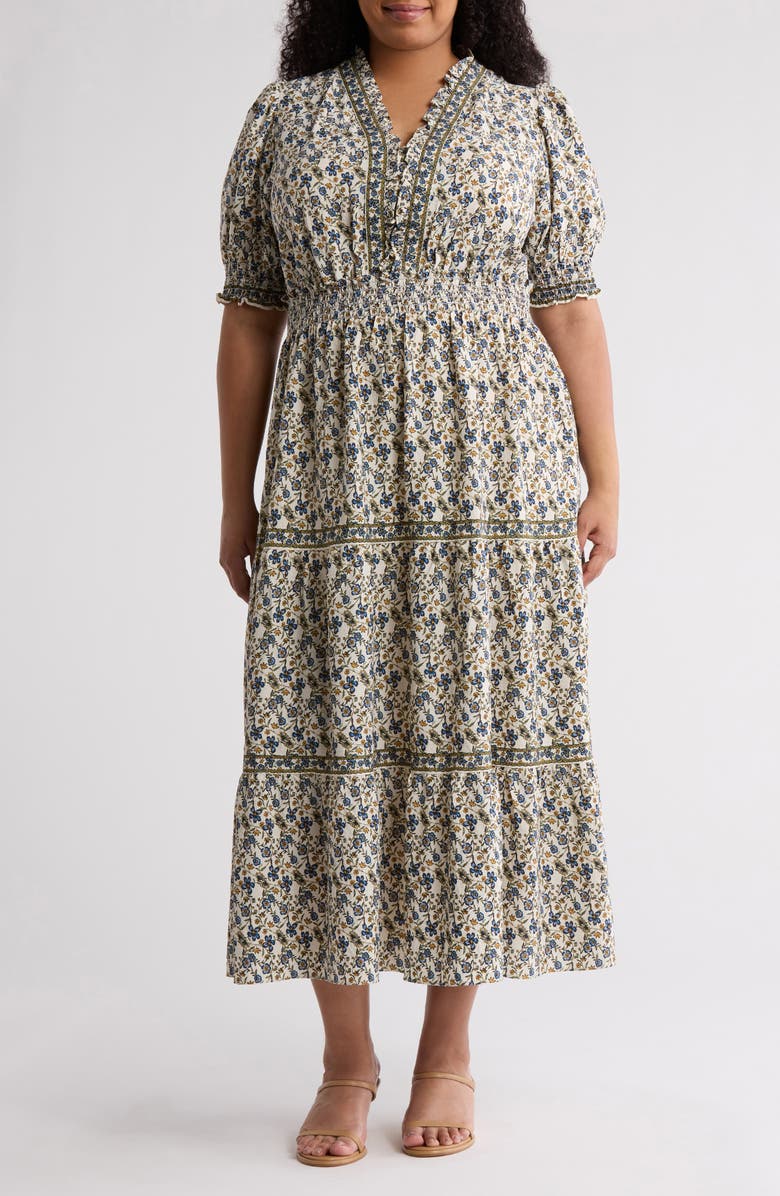 MAX STUDIO Short Sleeve Tiered Maxi Dress, Main, color, Cream/ Blue Floral Swing Vine