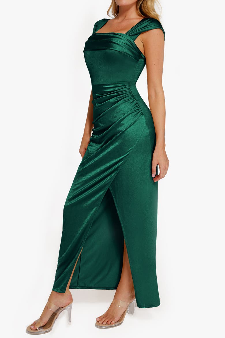 Liquid Metallic Fabric Off Shoulder Shine Ruched Sculpting Maxi Shapewear Dress, Alternate, color, Pine