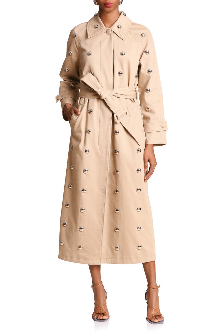 Statement Stud Cotton Maxi Trench Coat, Alternate, color, KHAKI STUDDED