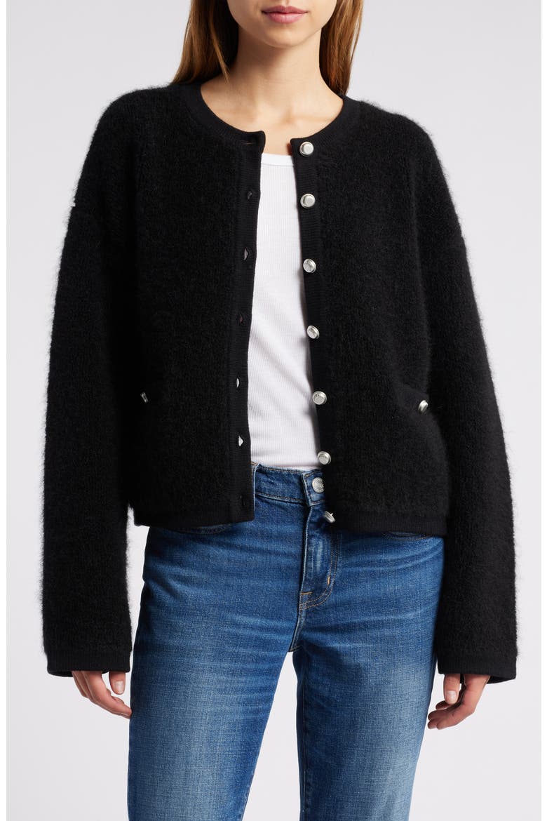 Kaia Boxy Bouclé Cardigan, Main, color, BLACK